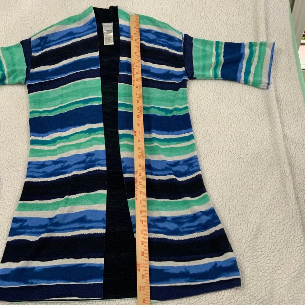 Chico's Striped Open-Front Cardigan in Blue, Teal, Navy